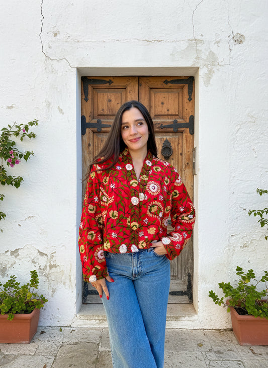 Red with Yellow Flowers and Paisley Crop Bohemian Embroidered Jacket