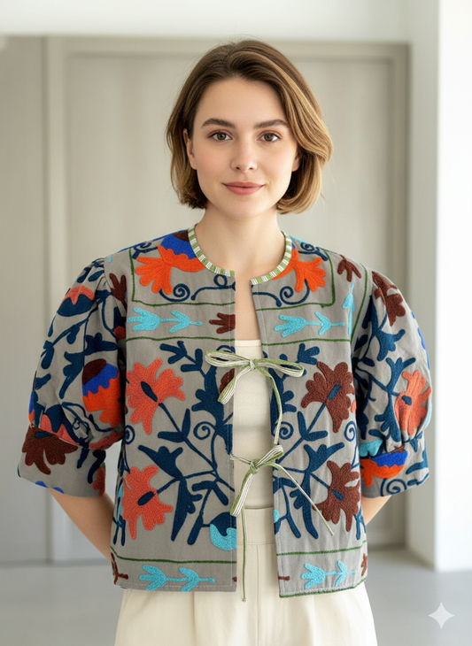 Grey Balloon Sleeve Cotton Embroidered Jacket