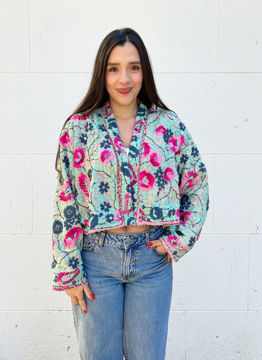 Mint with Pink and Grey Flowers Crop Bohemian Embroidered Jacket