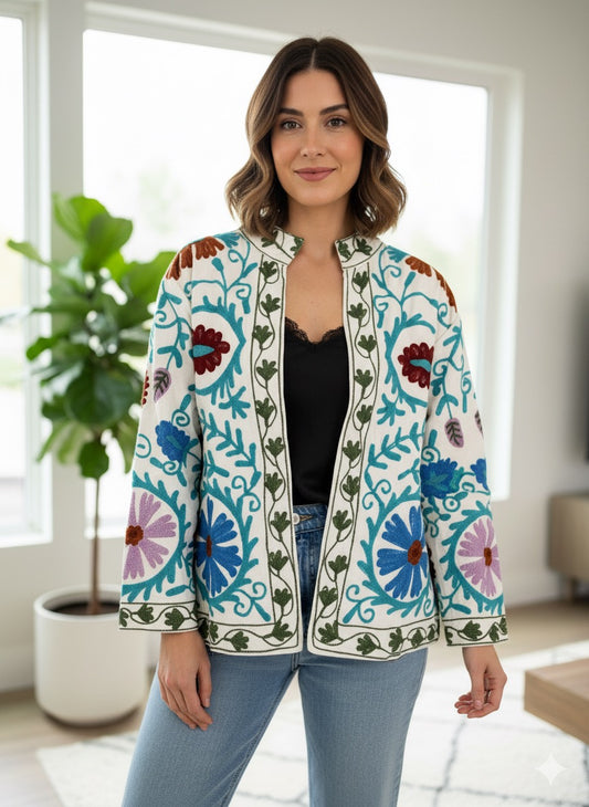 White with Maroon and Blue Suzani Cotton Embroidered Jacket