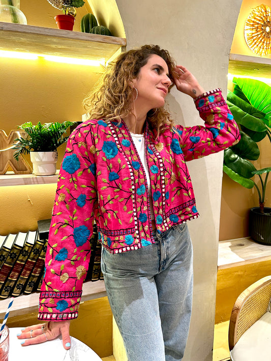 Pink with Blue Flowers Crop Bohemian Embroidered Jacket