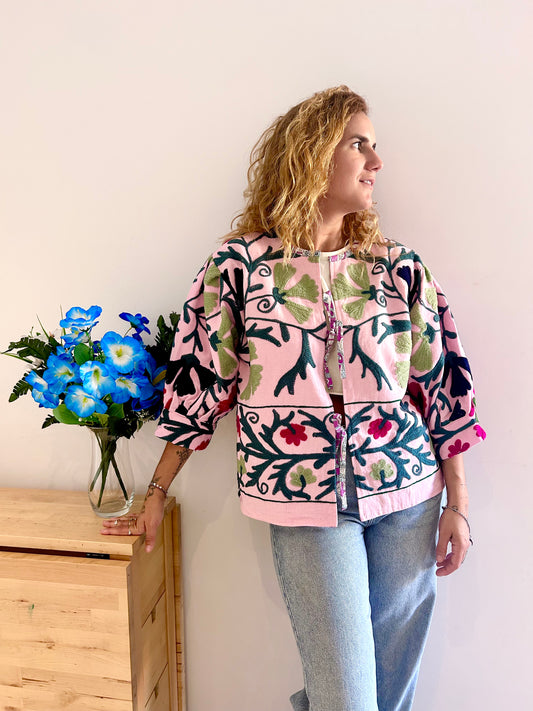 Pastel Pink with Green and Pink Flowers Balloon Sleeve Cotton Embroidered Jacket