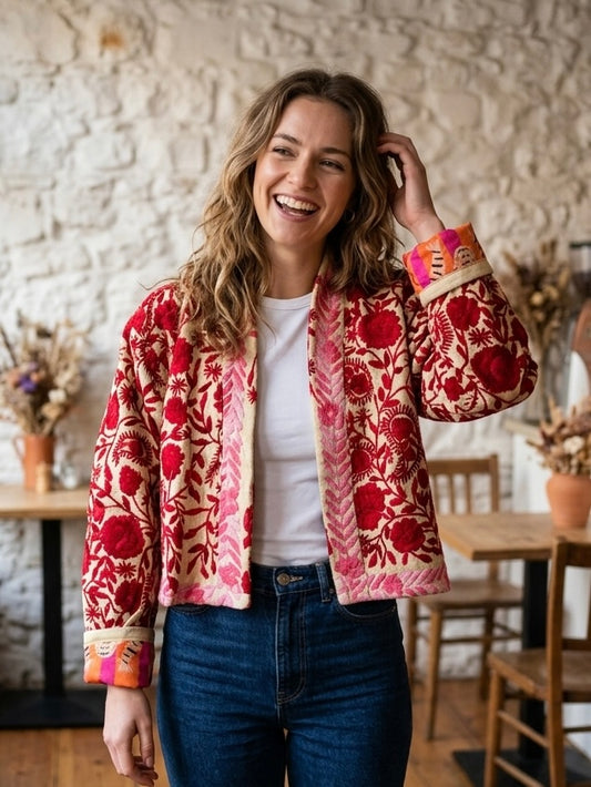 Off White with Red Flowers Crop Bohemian Embroidered Jacket