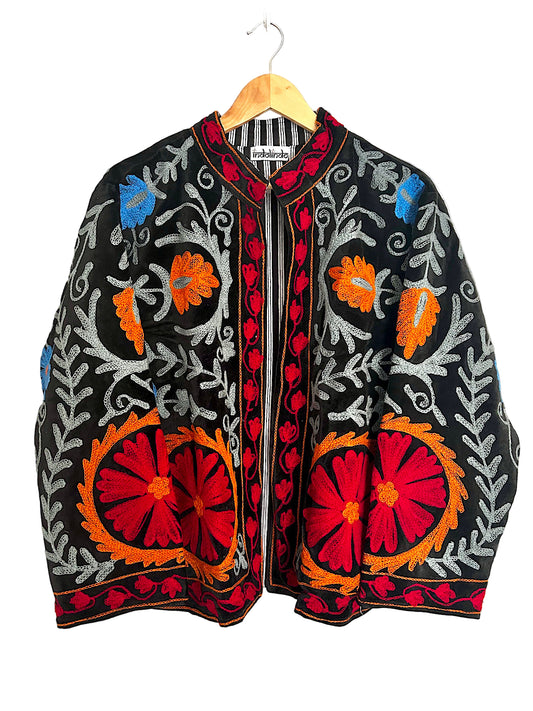Black with Orange Red and Grey Suzani Velvet Embroidered Jacket