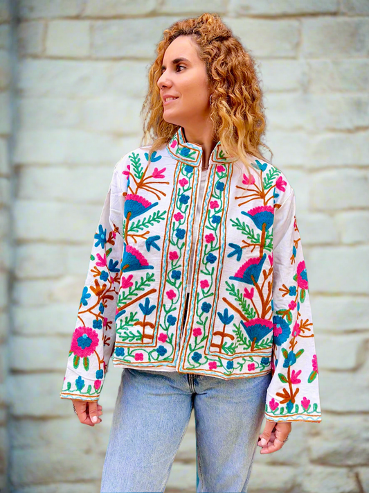 Turquoise and Hot Pink Floral Cotton Embroidered Jacket
