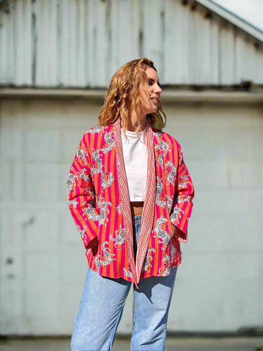 Pink and Orange Stripes Dragon Printed Cotton Wrap Reversible Jacket