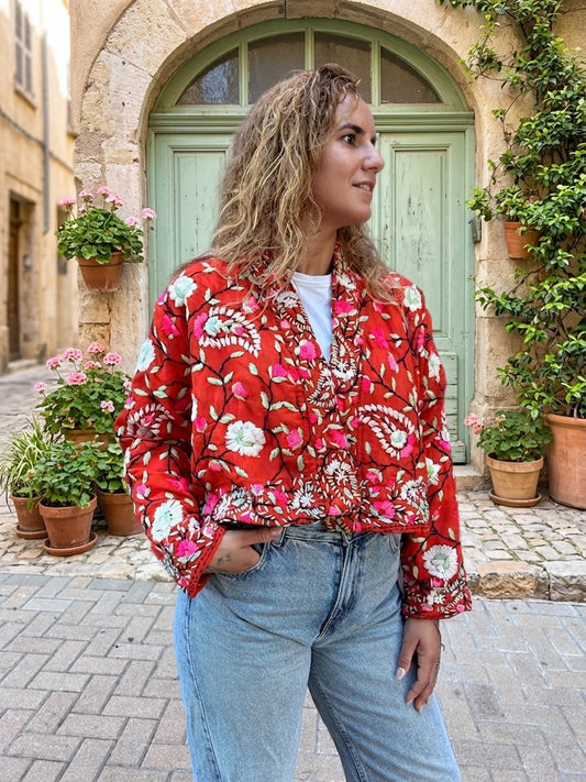 Red with White Flowers Crop Bohemian Embroidered Jacket