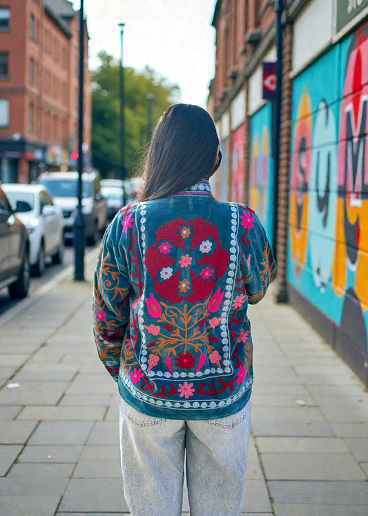 Sea Green with Colours Suzani Velvet Embroidered Jacket