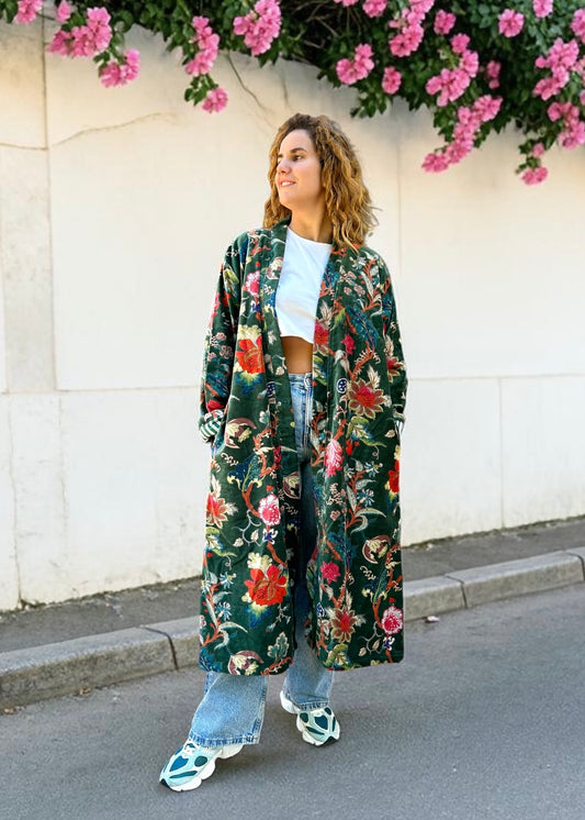 Jade Green Floral Long Velvet Printed Jacket