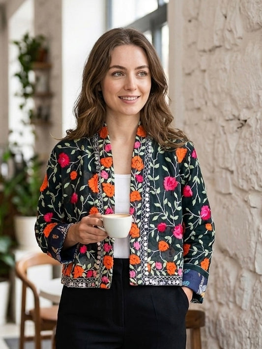 Black with Orange and Pink Flowers Crop Bohemian Embroidered Jacket