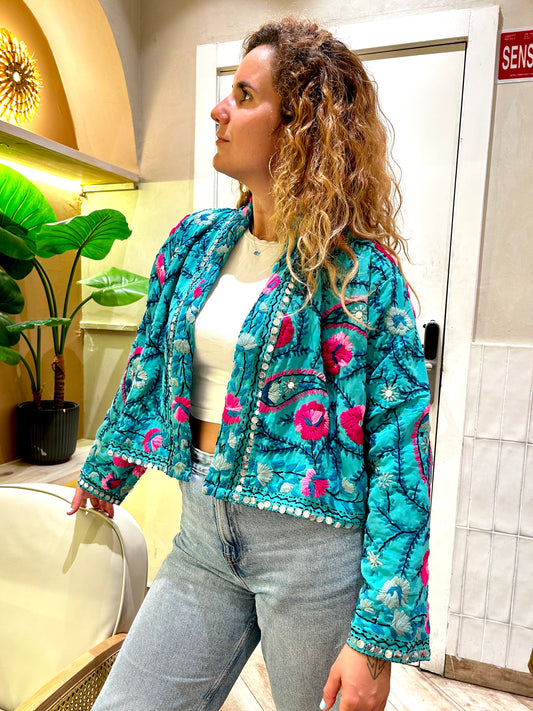 Teal Blue Crop Bohemian Embroidered Jacket