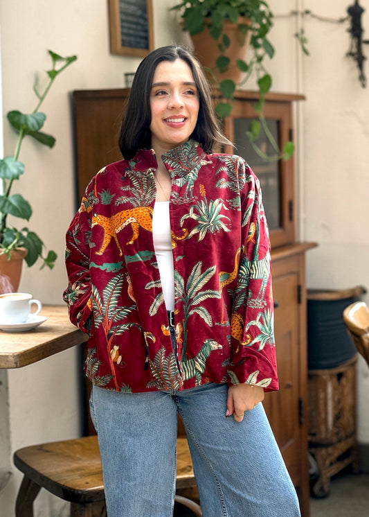 Burgundy Safari Print Short Velvet Printed Jacket