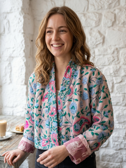 Rose Pink with Blue Flowers Crop Bohemian Embroidered Jacket