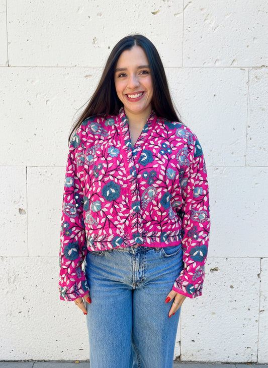 Pink and White with Grey Flowers Crop Bohemian Embroidered Jacket