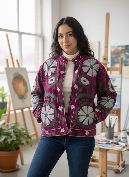 Magenta with Green and Mint Suzani Velvet Embroidered Jacket