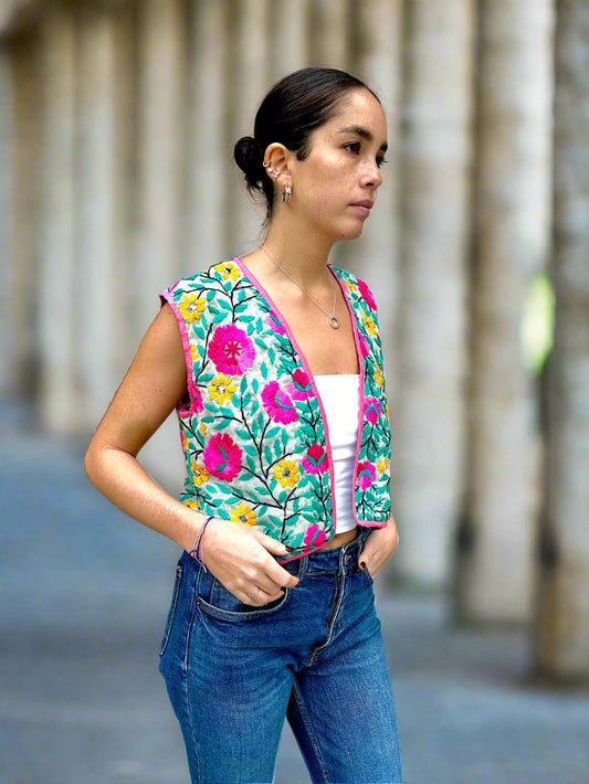 Pink and Yellow Flowers Bohemian Embroidered Vest
