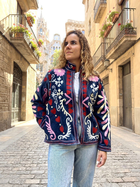 Dark Grey Peace Suzani Velvet Embroidered Jacket