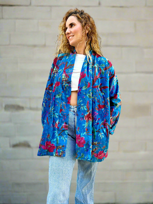 Electric Blue Birds and Flowers Short Velvet Printed Jacket