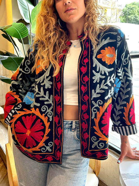 Black with Orange Red and Grey Suzani Velvet Embroidered Jacket