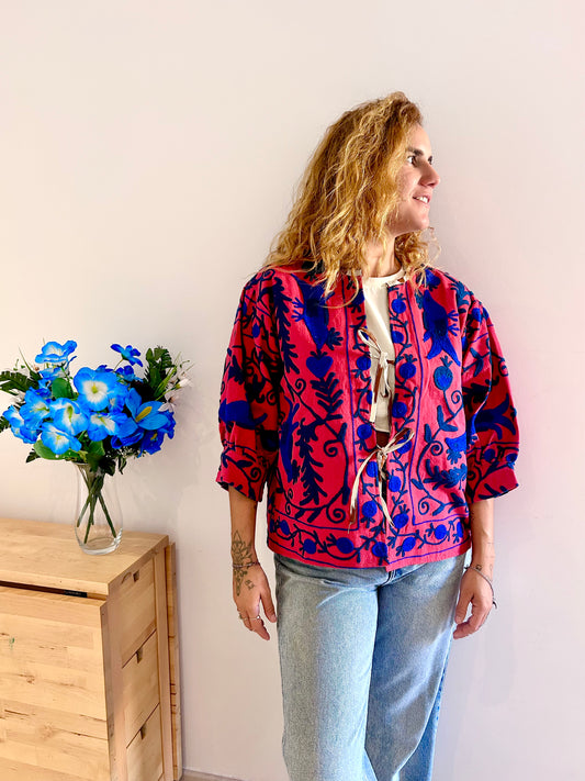 Red with and Marine Blue Birds Balloon Sleeve Cotton Embroidered Jacket