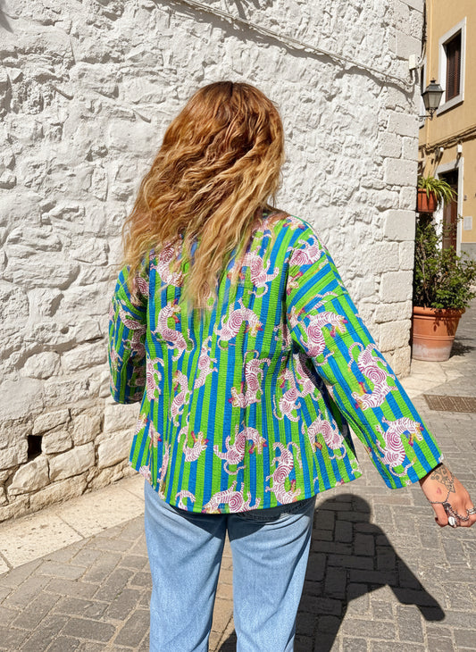 Green and Blue Stripes Dragon Printed Cotton Wrap Reversible Jacket