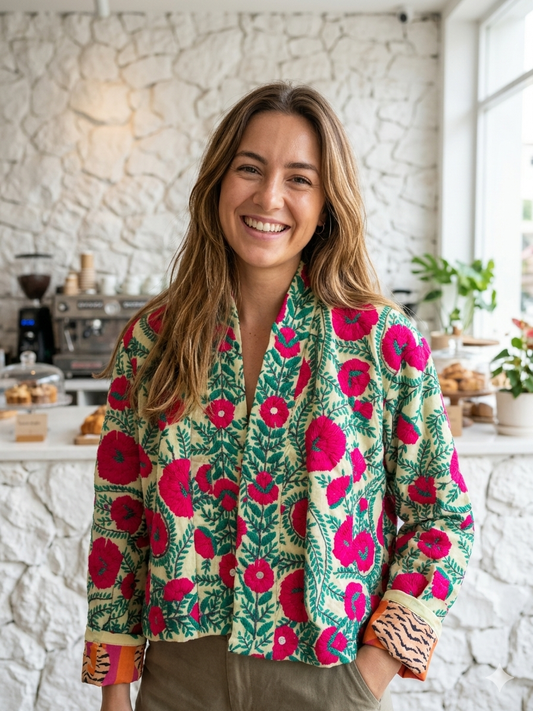 Pink Flowers Crop Bohemian Embroidered Jacket