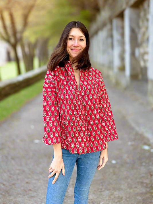 Red Printed Cotton Wrap Reversible Jacket