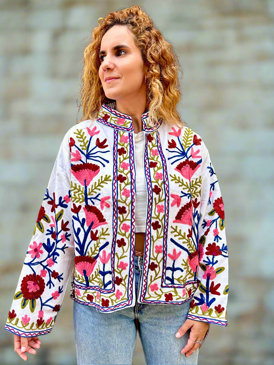 White with Blush Pink Floral Cotton Embroidered Jacket