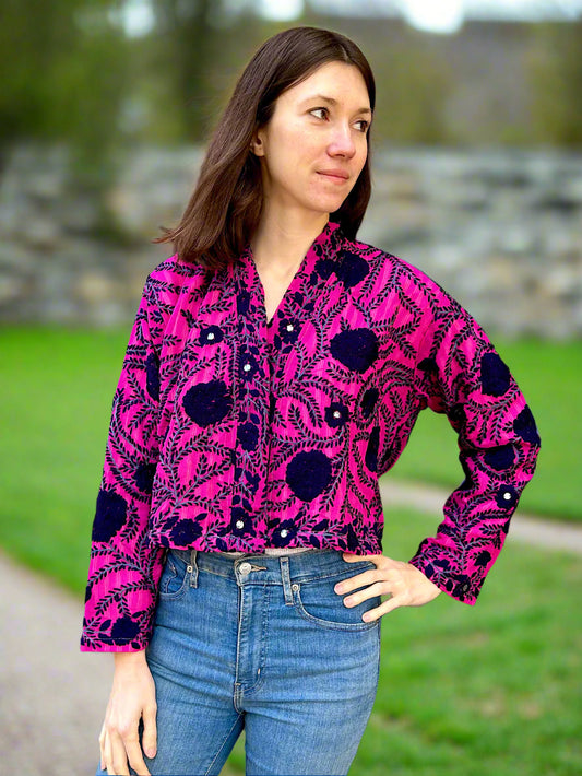 Hot Pink with Black Crop Bohemian Embroidered Jacket
