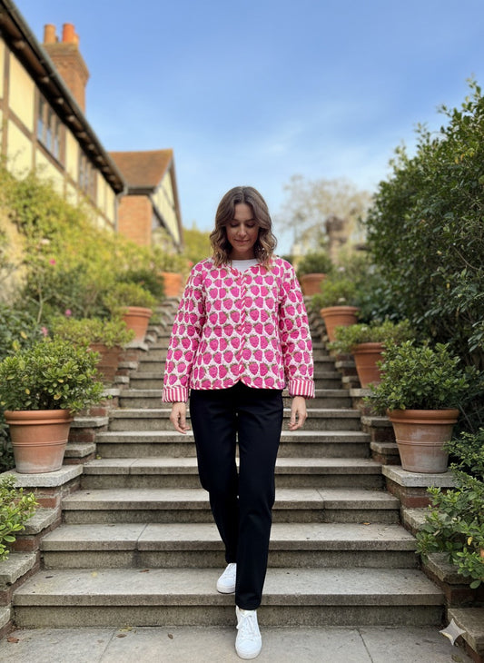 Pink Cute Strawberry Printed Cotton Short Reversible Jacket