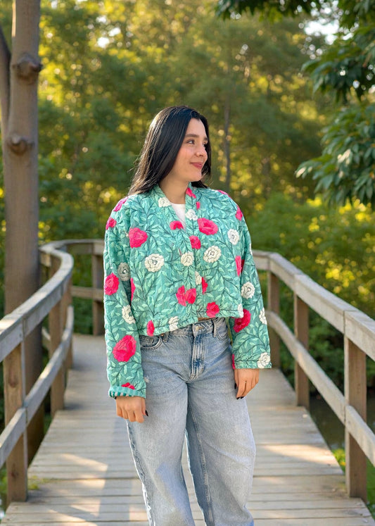 Sea Green with Pink and White Flowers Crop Bohemian Embroidered Jacket