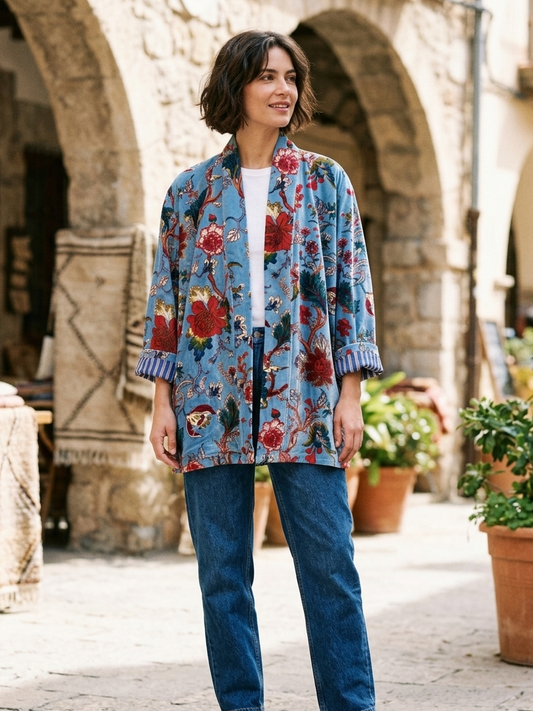 Dusty Blue Floral Short Velvet Printed Jacket