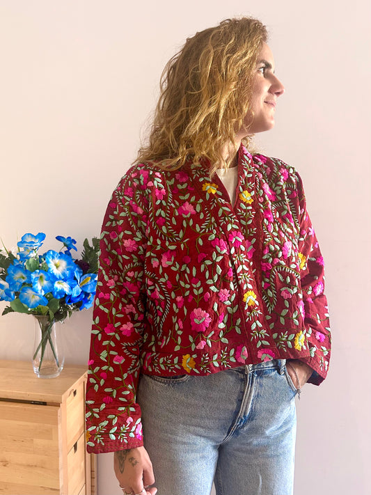 Burgundy with Flowers Crop Bohemian Embroidered Jacket