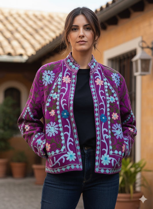 Magenta with Blue and Green Suzani Velvet Embroidered Jacket