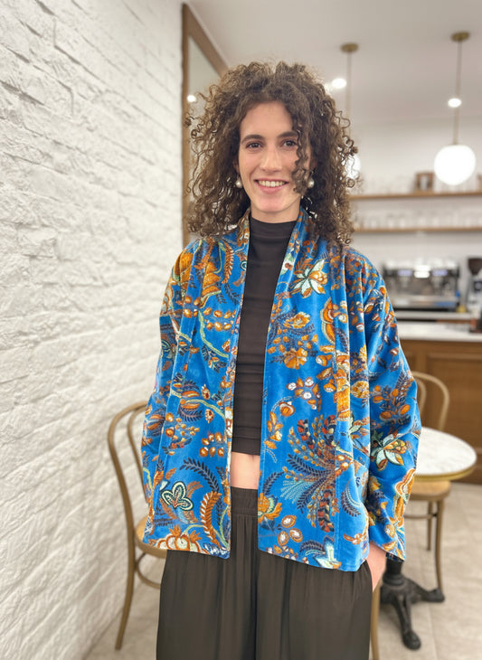 Blue Floral Short Velvet Printed Jacket