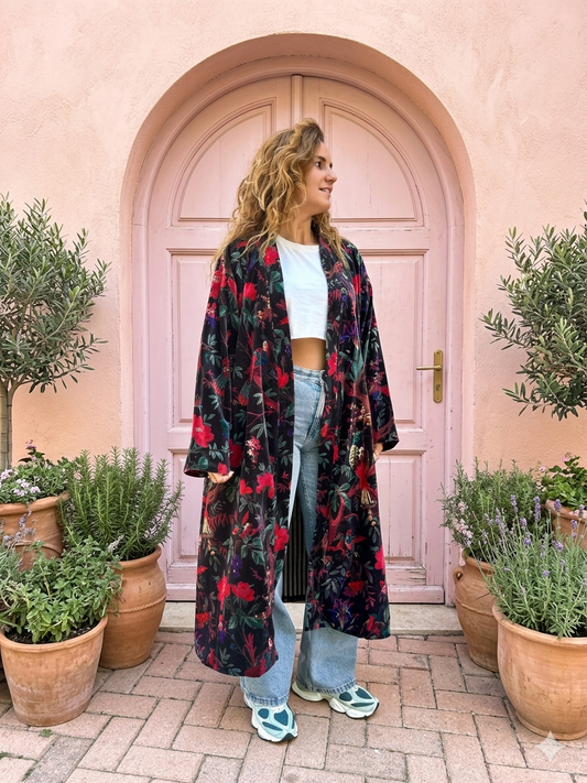 Black Birds and Flowers Long Velvet Printed Jacket