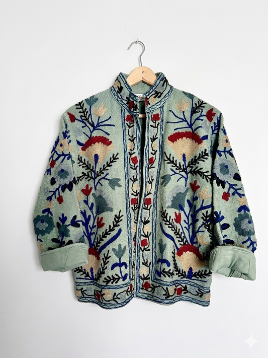 Army Green Suzani Cotton Embroidered Jacket