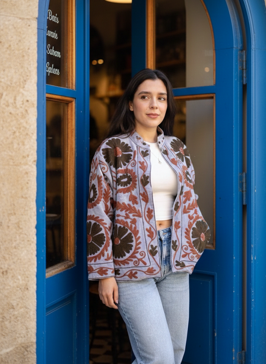 Denim Blue with Brown Suzani Velvet Embroidered Jacket