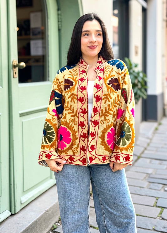 Beige with Colours Suzani Cotton Embroidered Jacket