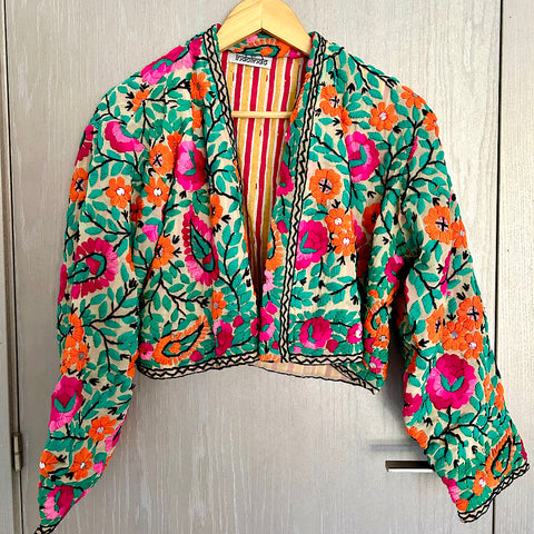 Bright Orange and Pink Flowers with Greens Crop Bohemian Jacket