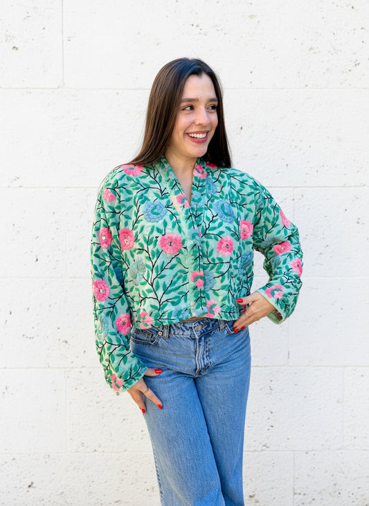 Sea Green with Pink Flowers Crop Bohemian Embroidered Jacket