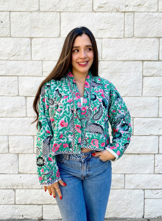 Grey with Pink Flowers and Paisley Crop Bohemian Embroidered Jacket