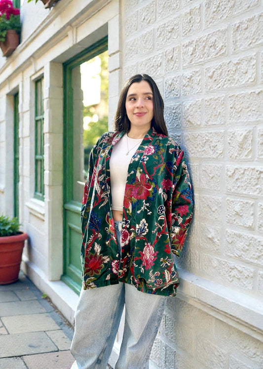 Jade Green Floral Short Velvet Printed Jacket