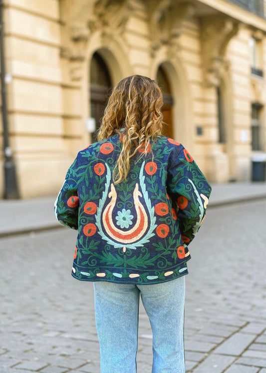 Trident Green Suzani Denim Embroidered Jacket
