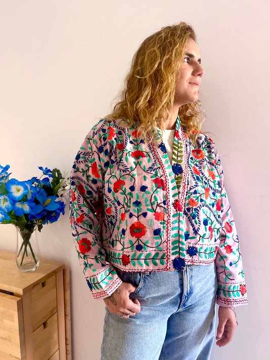 Blue and Orange Flowers Crop Bohemian Embroidered Jacket