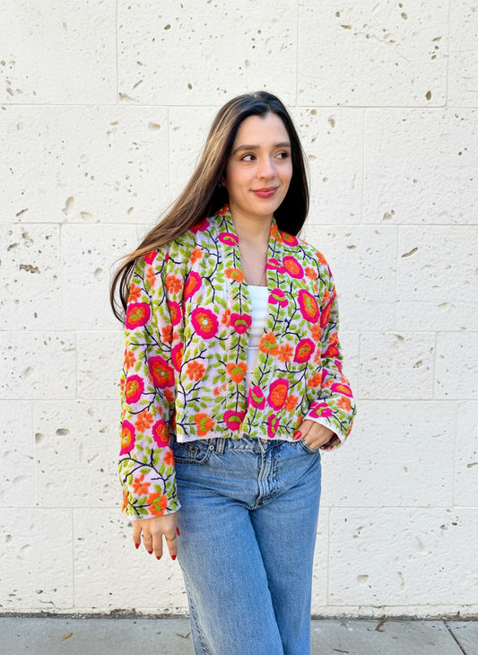 Orange and Pink Flowers Crop Bohemian Embroidered Jacket