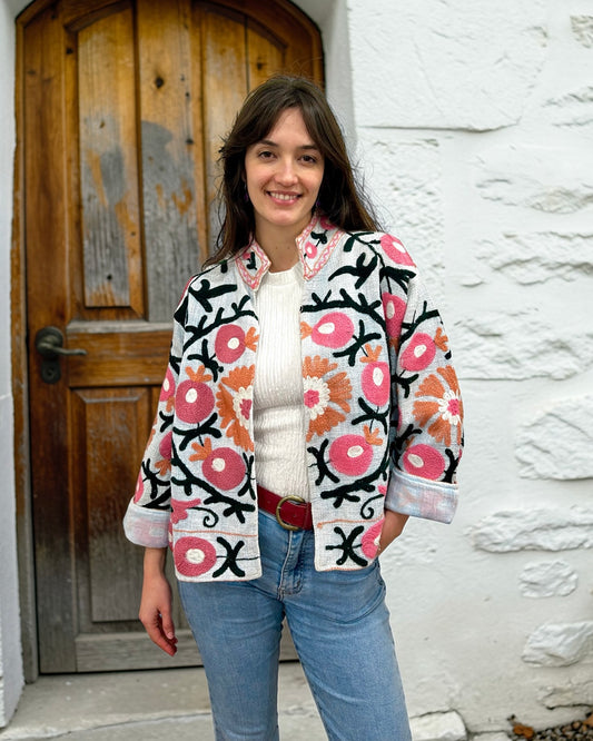 Sky Blue with Black and Peach Suzani Cotton Embroidered Jacket