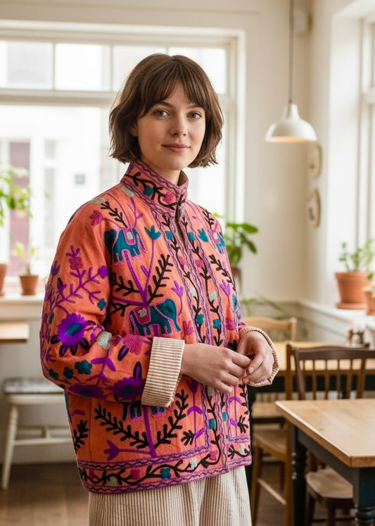 Orange Elepants Boho Cotton Embroidered Jacket