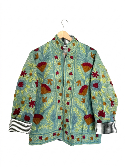 Sea Green Floral Cotton Embroidered Jacket
