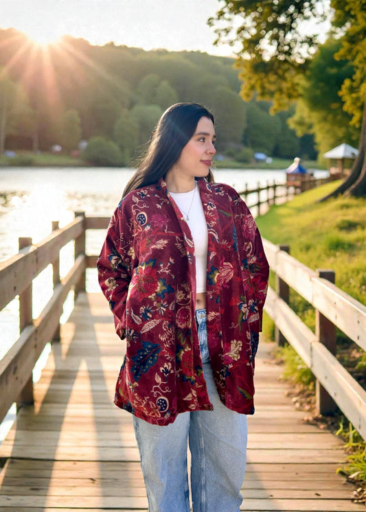 Burgundy Floral Short Velvet Printed Jacket